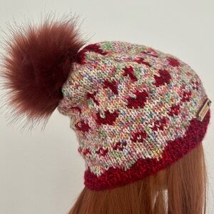 Hand Knits 2 Love Slouch Beanie Hat Hearts Cross Fairisle Designer Faux Fur Pom